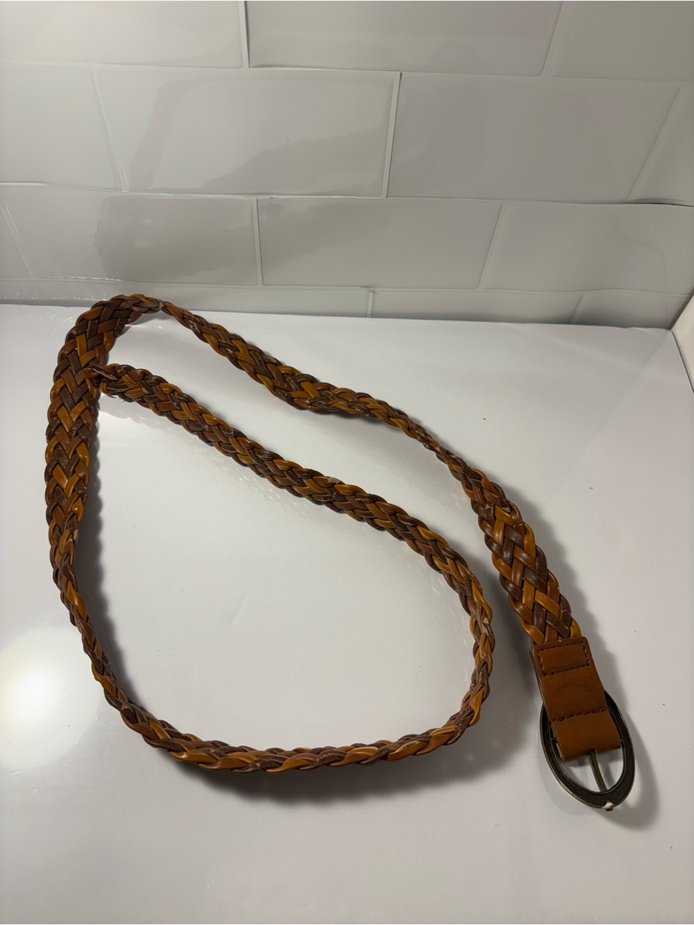 Brown Two Tone Braided Woven Belt Size L Oval Metal Buckle